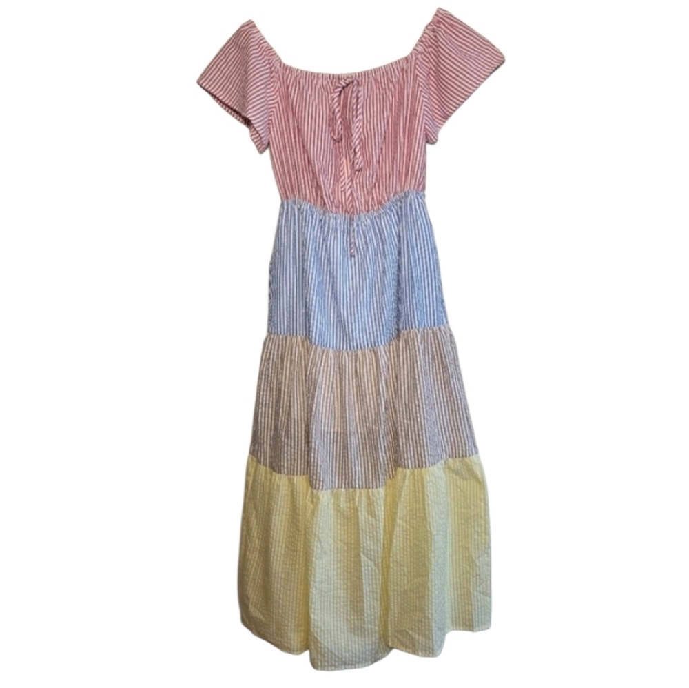 English Factory Seersucker Colorblock Tiered Maxi Dress Sz S Summer Casual